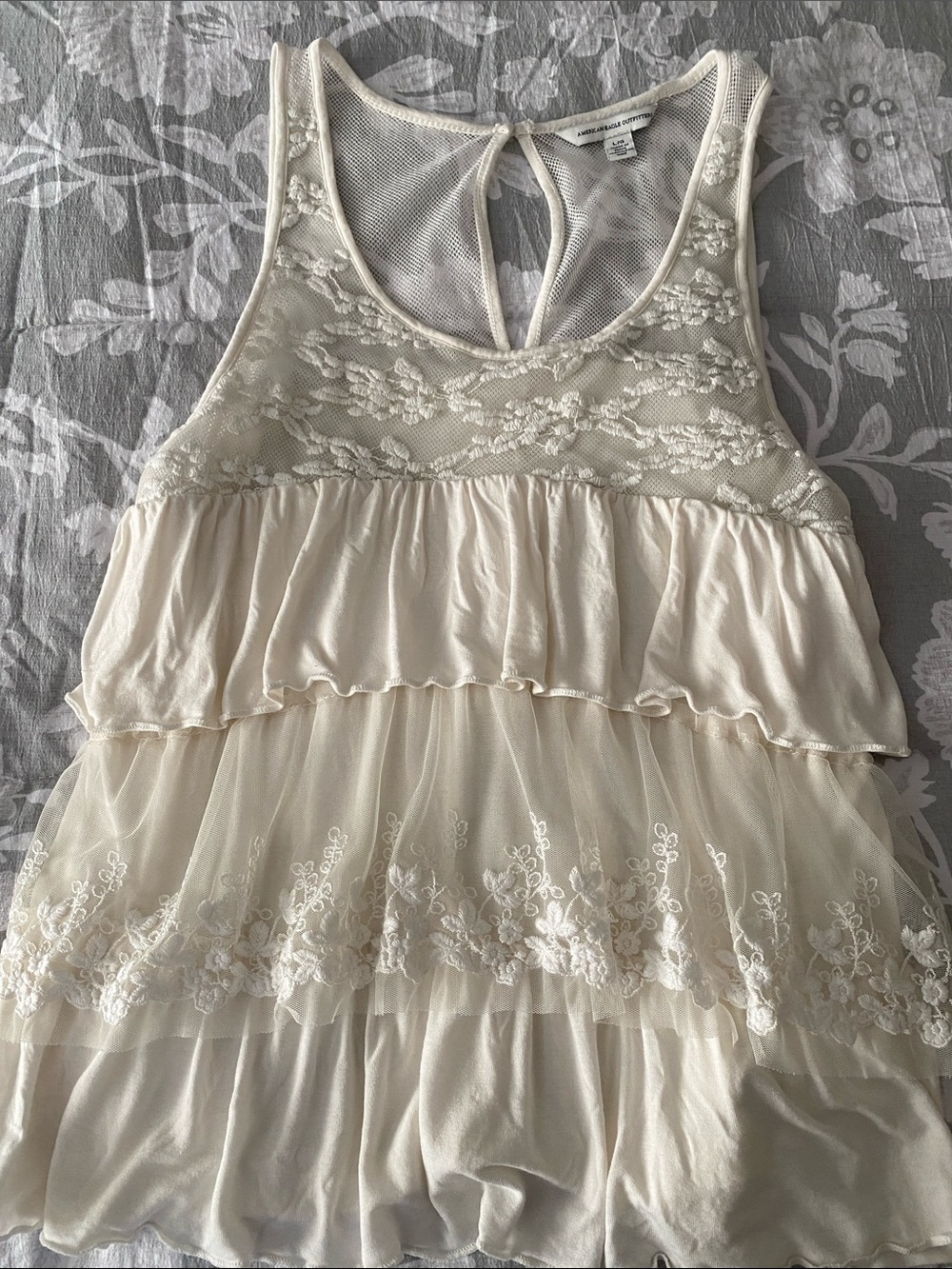 American Eagle Outfitters Cream Tiered Lace & Ruffle Tank
